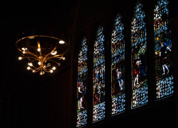 On Sunday September 29, light reflects through the stained glass windows of the Old South Church in Copley Square. Created by Chelsea Diana.